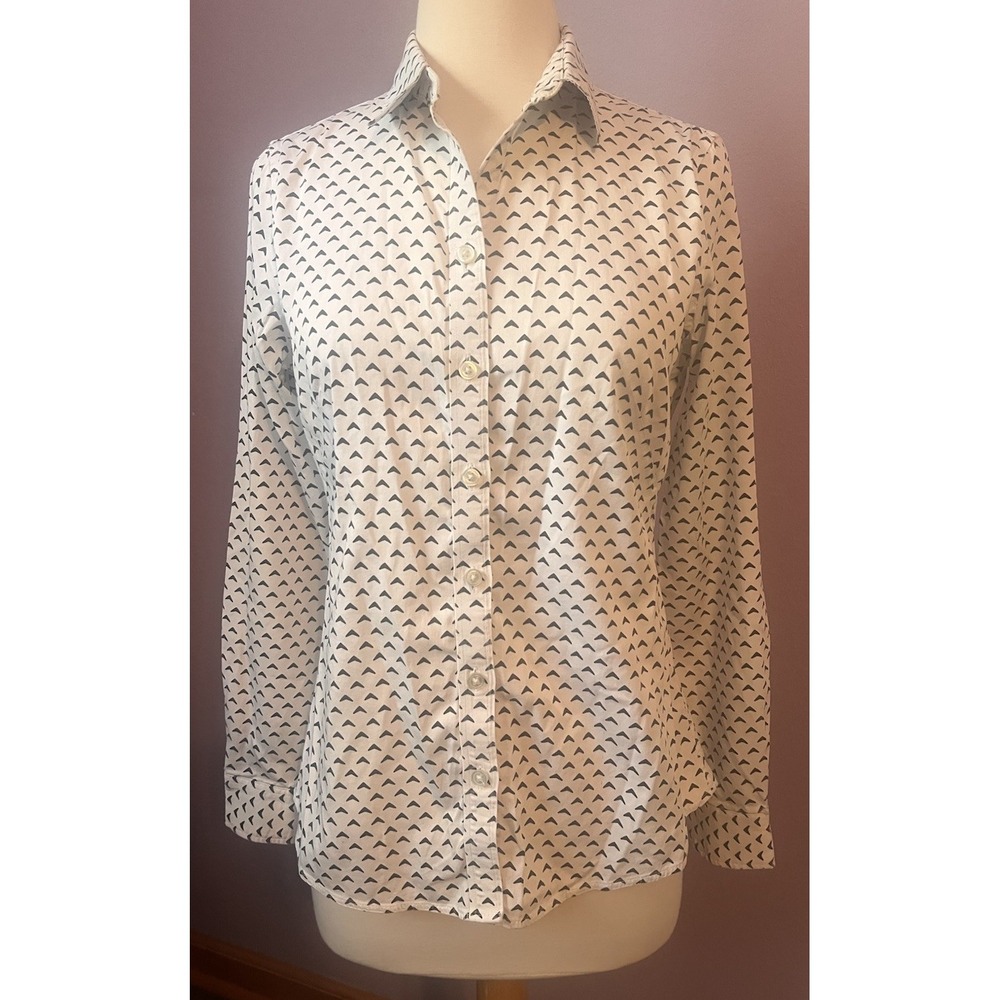 Banana Republic White Black Geometric Shark Tooth Pattern Button Up Blouse 6